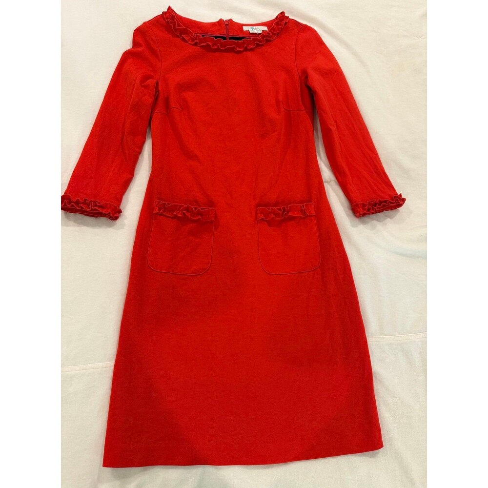 Boden Miranda ponte Red long sleeve ruffled dress with pockets 2 petite